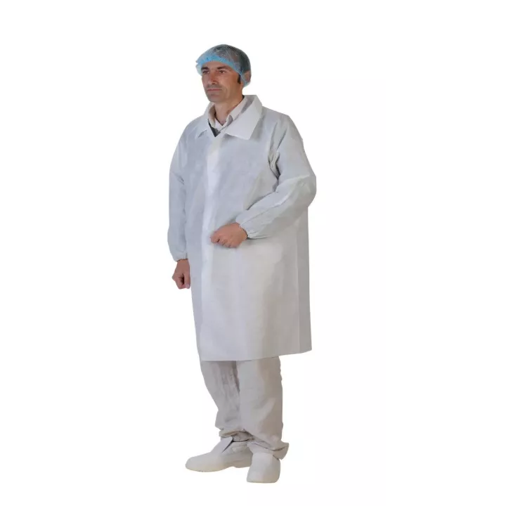Blouse PLP Blanc 30 GR /M2 à pressions sans poche, par 50 pcs