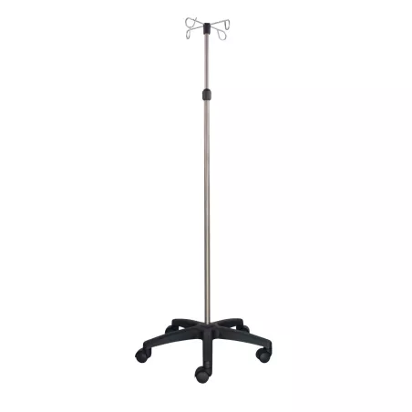 Pied à sérum avec crochets, tige inox, base plastique ou inox, Holtex