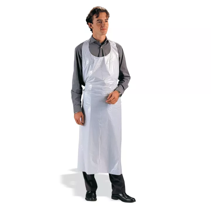 Tablier en polyéthylène opaque, blanc ou bleu, par 100