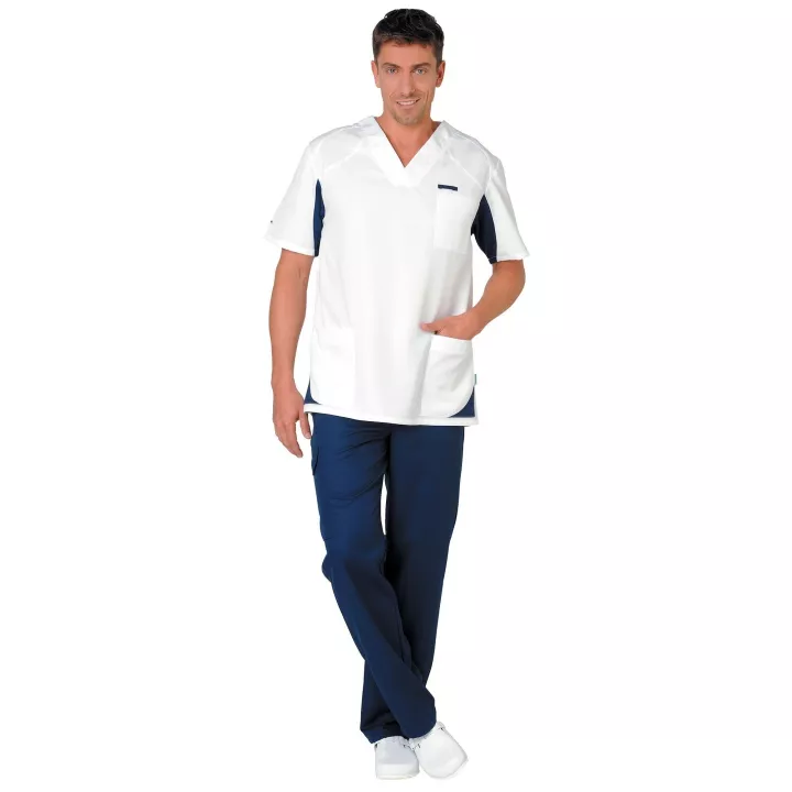 Tunique homme SANDRO, blanche et liserets bleu marine, tailles 0 à 6