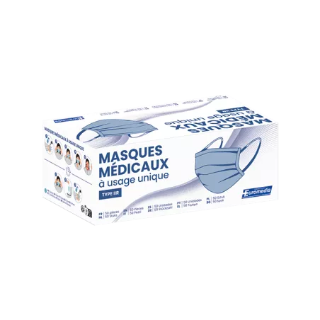 Masque 3 plis chirurgien type IIR bleu foncé avec élastiques 