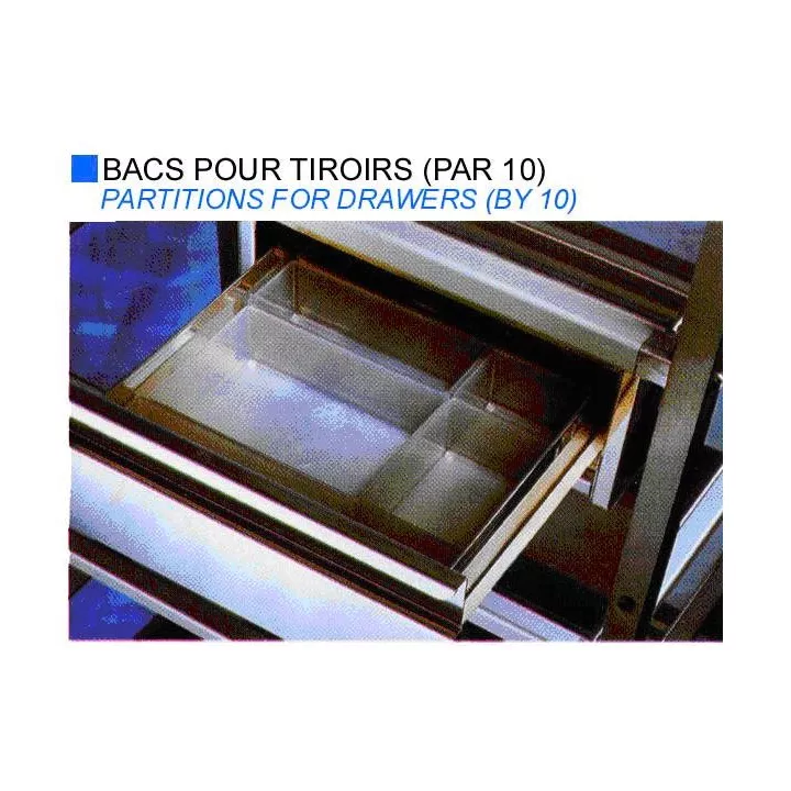 Bacs pour les tiroirs des chariots et guéridons de soins, par 10 
